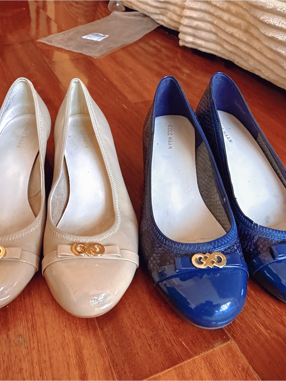 Cole Haan Patent Ballet Flats in Beige and Navy